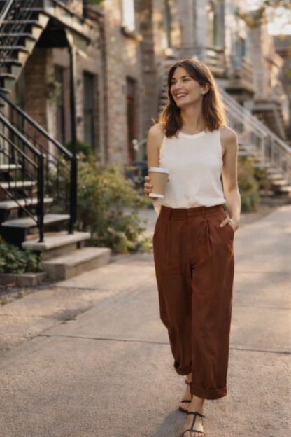 Pantalon brun coupe decontractee porte en look urbain chic taille haute