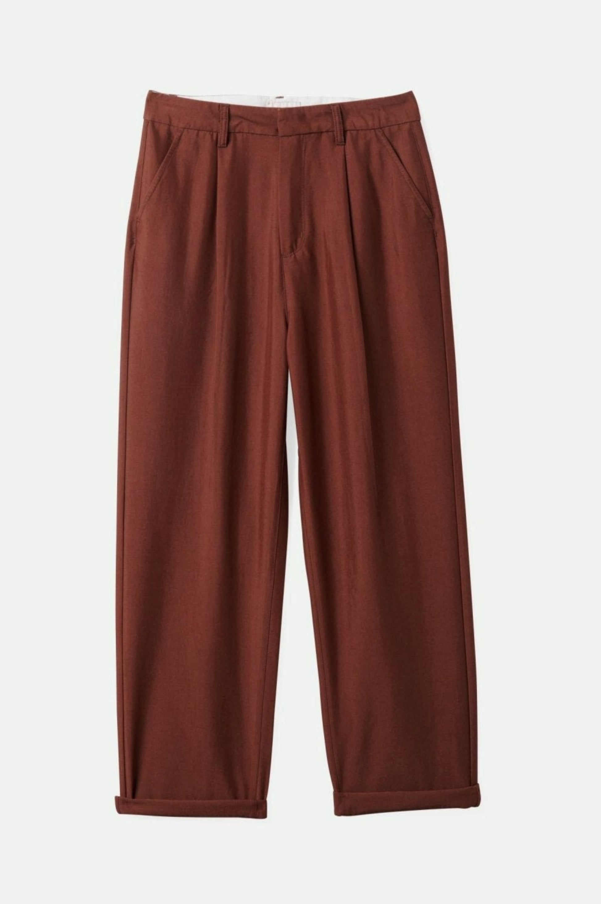 Pantalon brun taille haute a pinces avec plis avant tissu fluide leger