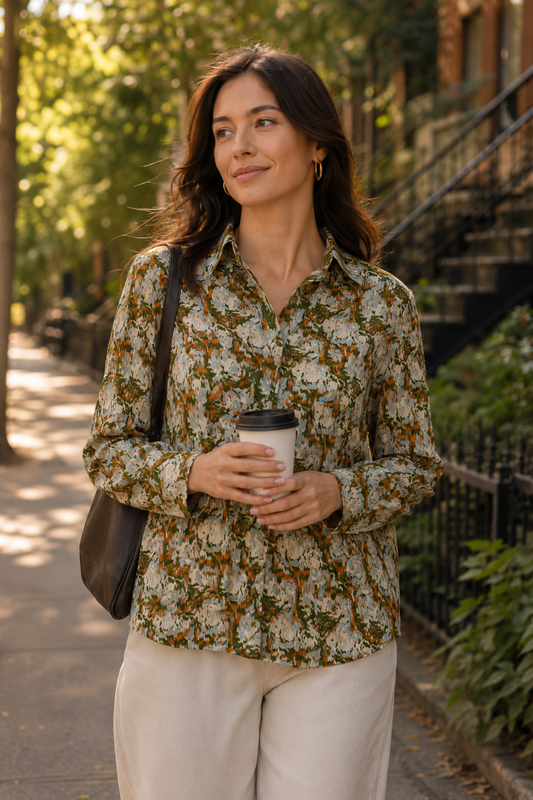 Chemise Peline beige vue de face avec col chemise, manches longues et imprimé fluide.