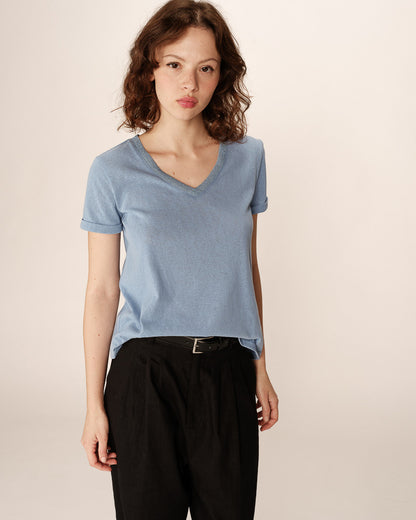 Pepito Bleu T-shirt en coton avec encolure en lurex