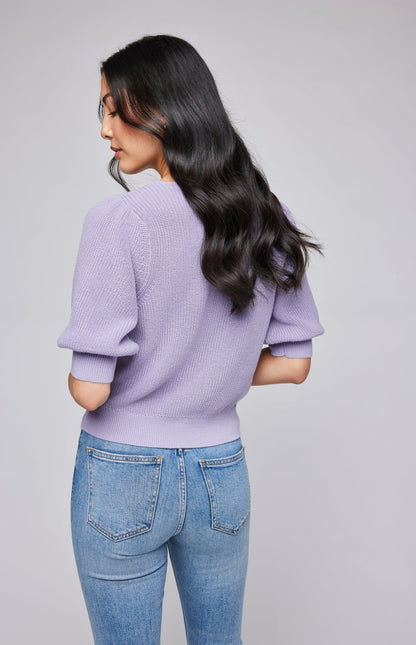 Aurianne Mauve - Pull col V à manches bouffantes