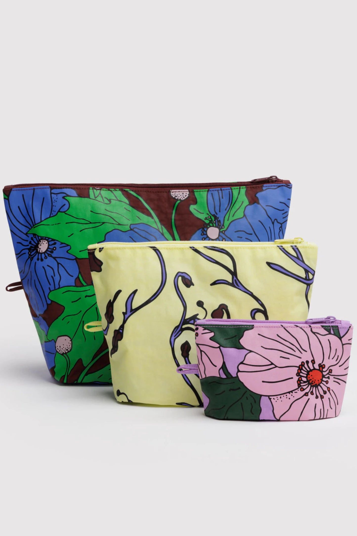 Trois pochettes Coquelicots debout montrant les trois tailles vendues séparément