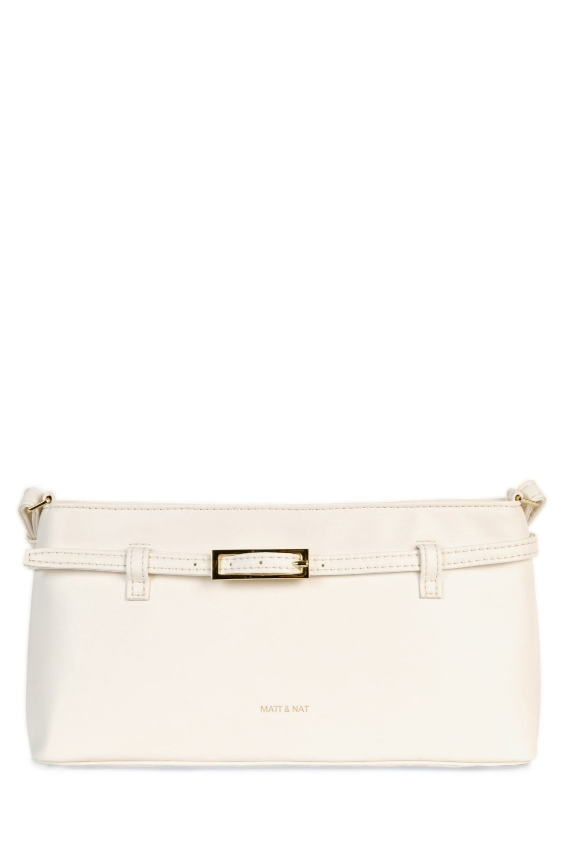 Vue de face de la pochette Mireille crème avec détail ceinture et fermeture zippée