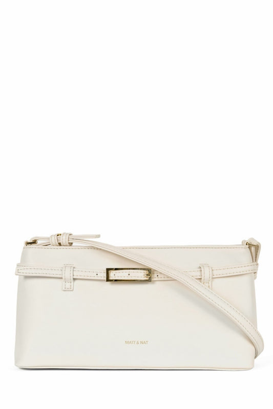 Vue de face de la pochette Mireille crème avec détail ceinture et fermeture zippée