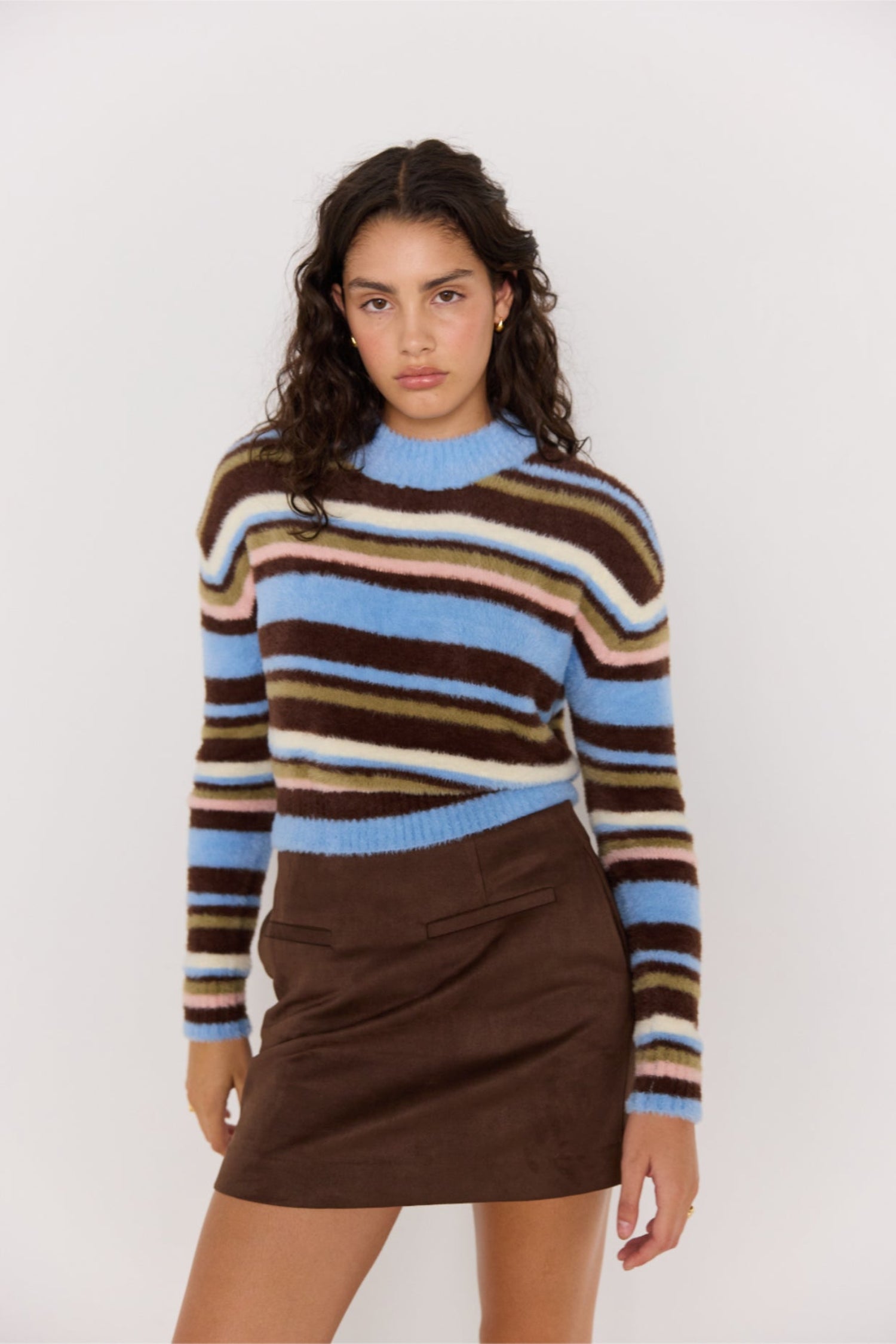 Pull Poet rayé multicolore, vue de face, maille duveteuse