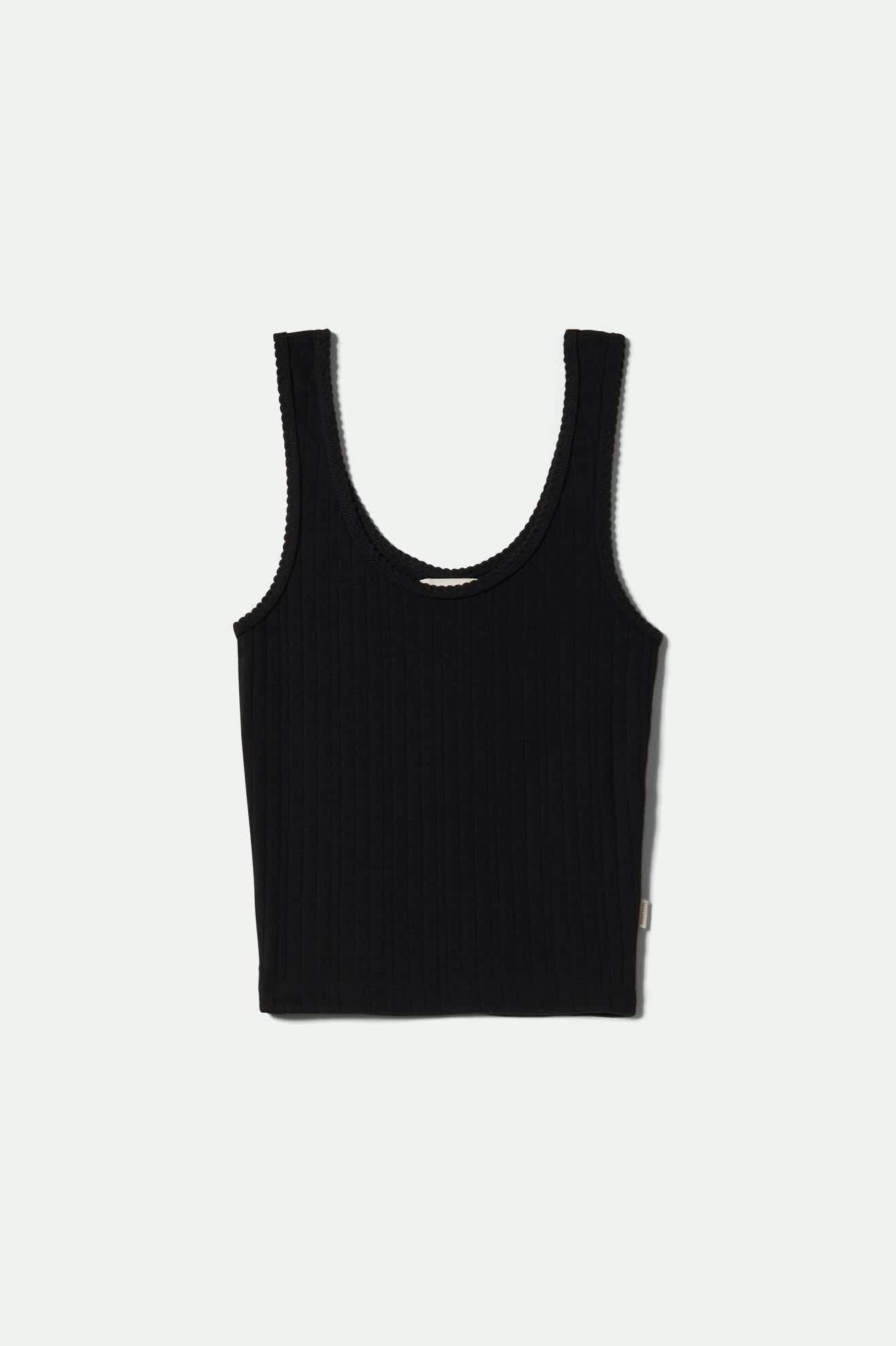 Débardeur Pointelle en coton noir vu à plat – coupe ajustée et maille côtelée légère