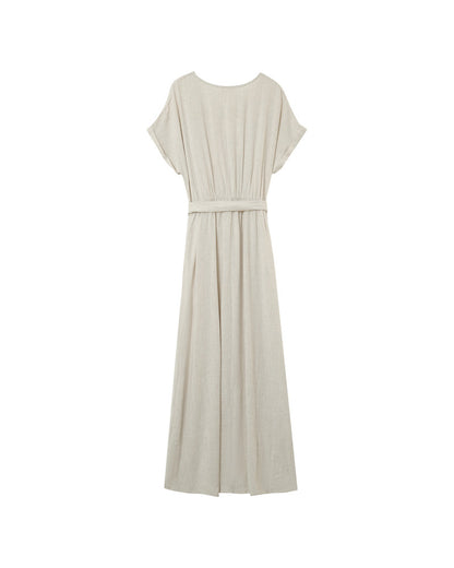 Judith Beige - Robe longue Élégante à Encolure Croisée et Taille Ceinturée