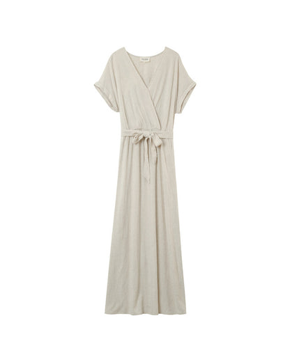 Judith Beige - Robe longue Élégante à Encolure Croisée et Taille Ceinturée