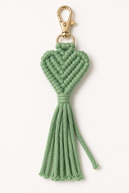 Porte-clé cœur en macramé vert pâle avec mousqueton doré et frange longue sur fond clair.