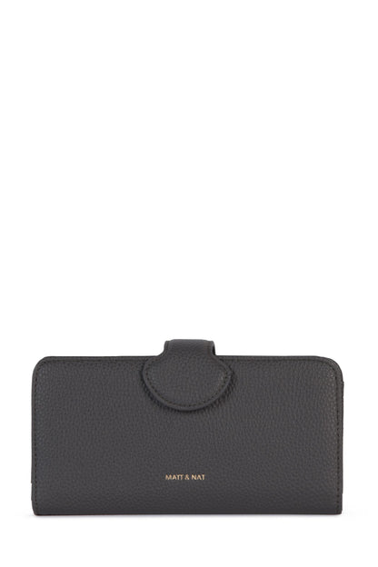 Vue avant du portefeuille recyclé couleur charbon avec logo doré et texture grainée