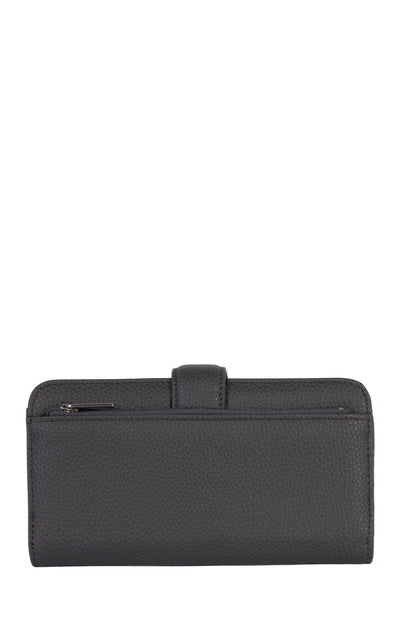 Vue avant du portefeuille plié couleur charbon avec fermeture à languette et texture grainée