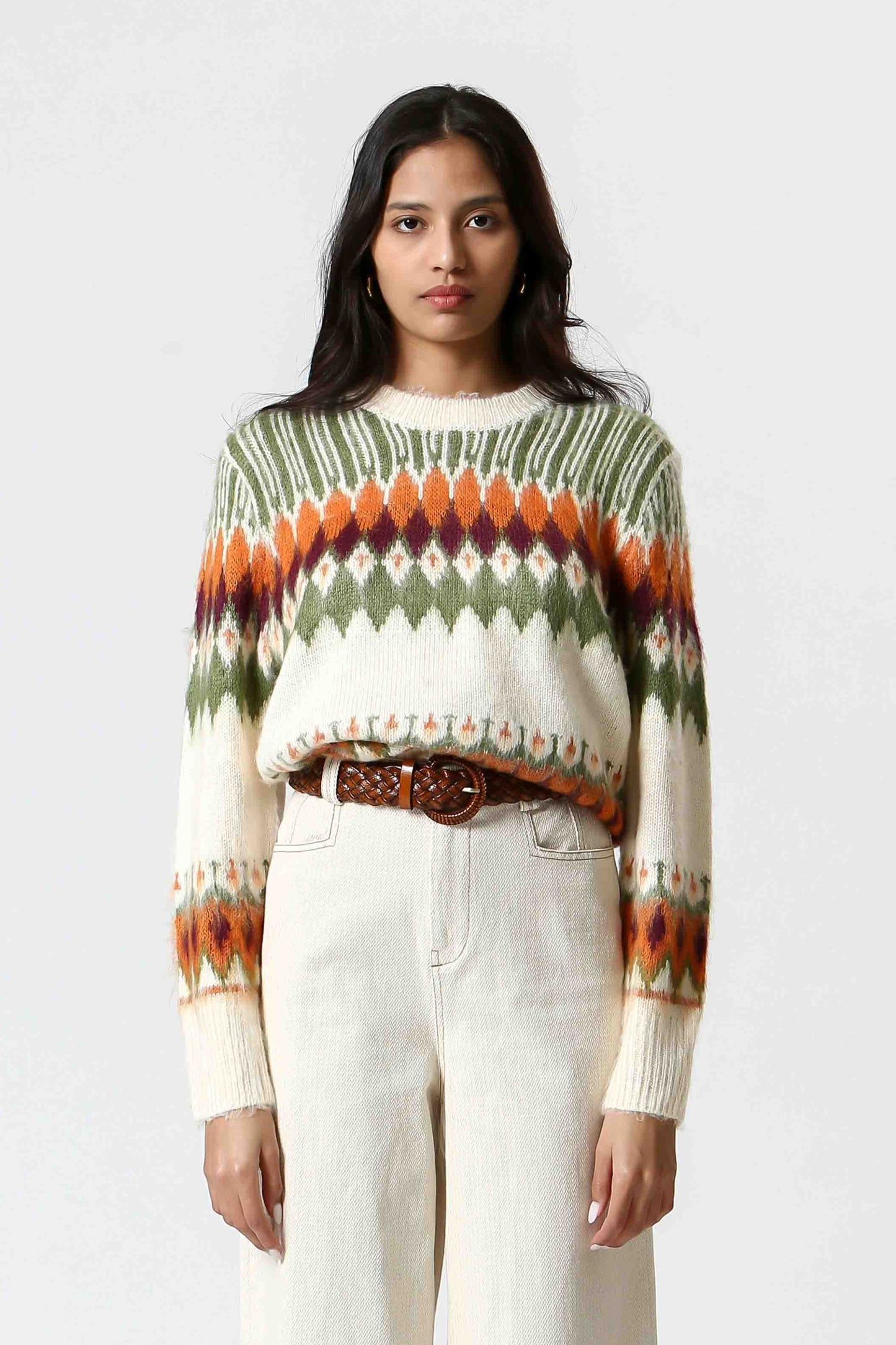 Pull oversize Amanda vert avec motif géométrique coloré, col rond et coupe ample