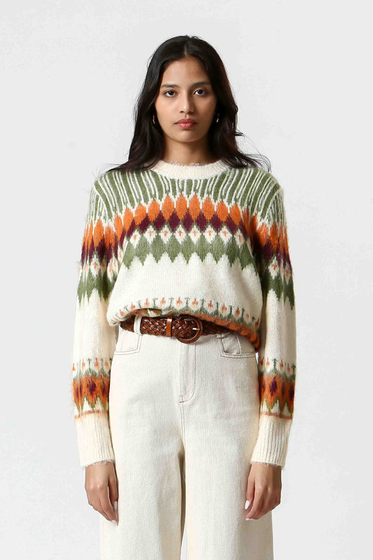 Pull oversize Amanda vert avec motif géométrique coloré, col rond et coupe ample