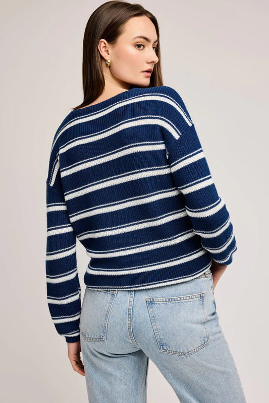 Vue arrière du pull Tara bleu rayé avec manches longues et col en V