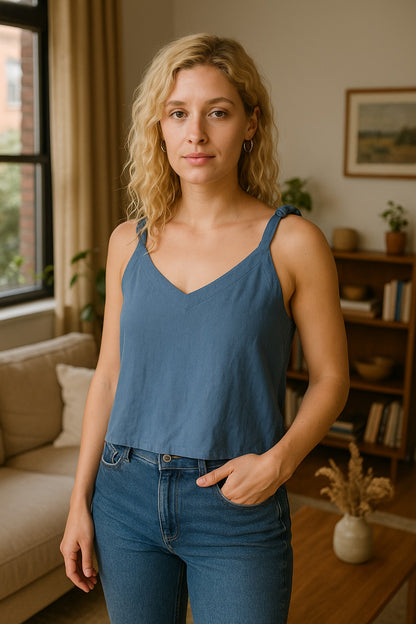 Basima Bleu - Camisole ample bretelles nouées