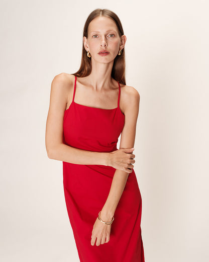 Nolane Rouge - Robe Longue Bretelles Fines Dos Noué