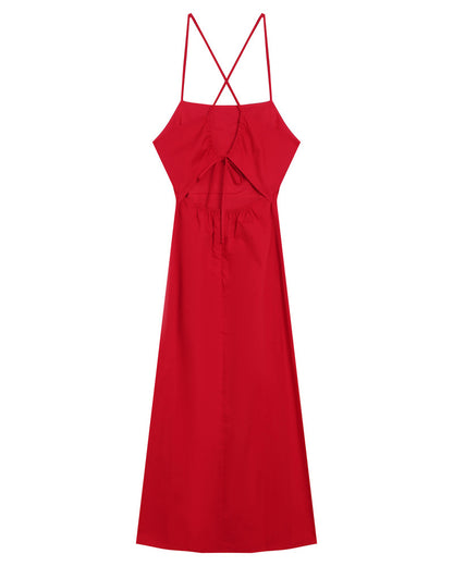 Nolane Rouge - Robe Longue Bretelles Fines Dos Noué