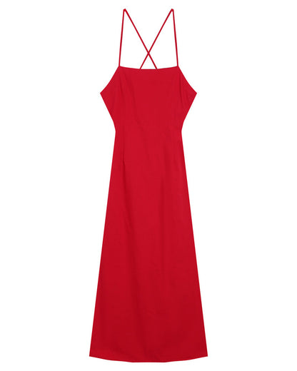 Nolane Rouge - Robe Longue Bretelles Fines Dos Noué