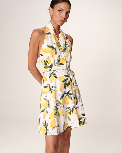 Robe courte imprimé citron avec  décolleté croisé
