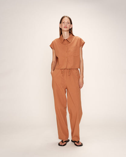 Mia Terracotta - Pantalon en coton avec taille élastique