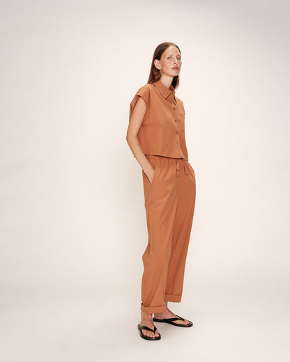 Mia Terracotta - Pantalon en coton avec taille élastique