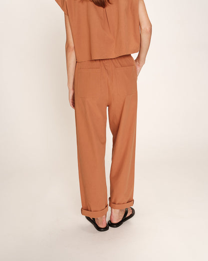 Mia Terracotta - Pantalon en coton avec taille élastique