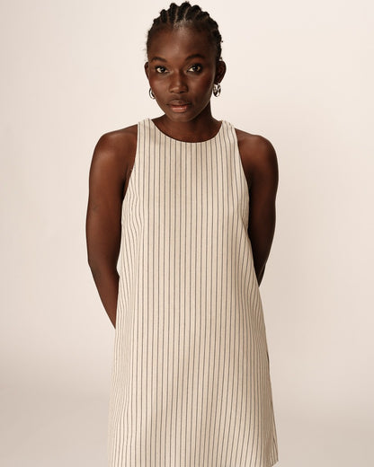 Petz Beige - Robe courte rayée en lin mélangé