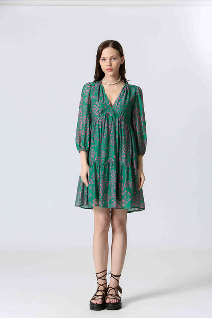 Camille Robe courte bohème verte imprimée fluide en viscose