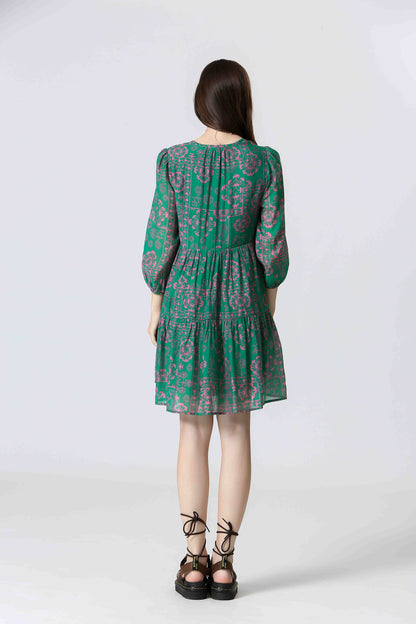 Camille Robe courte bohème verte imprimée fluide en viscose