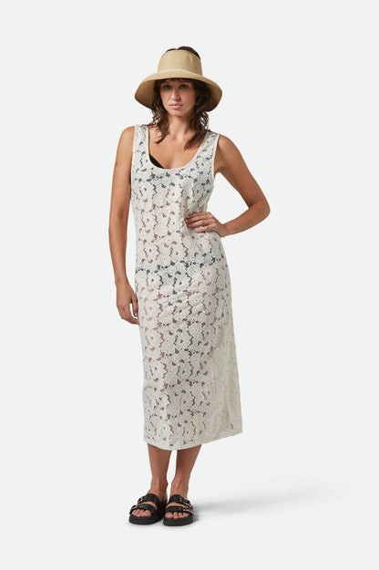 Robe cache-maillot en dentelle crème vue de face – coupe midi et transparence florale