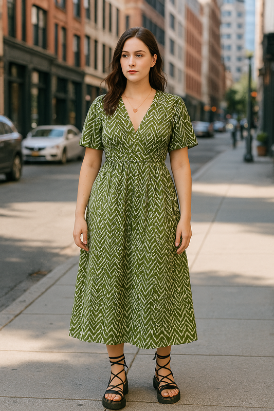 Robe longue verte en viscose fluide avec col V croisé et imprimé graphique