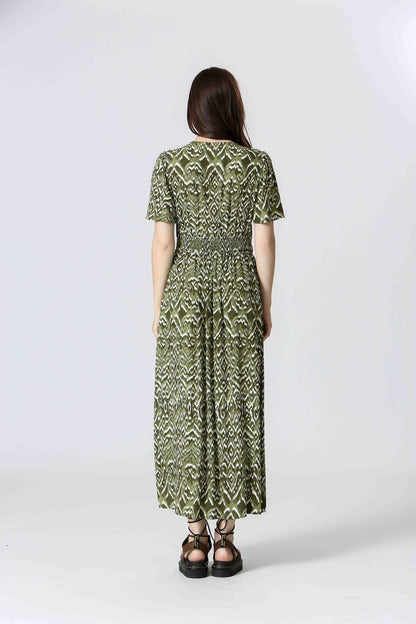 Juliette Khaki - Robe longue imprimée en viscose col V manches courtes