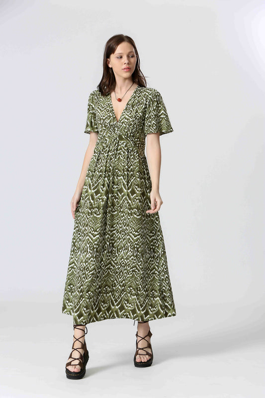 Juliette Khaki Robe longue imprimée en viscose col V manches courtes