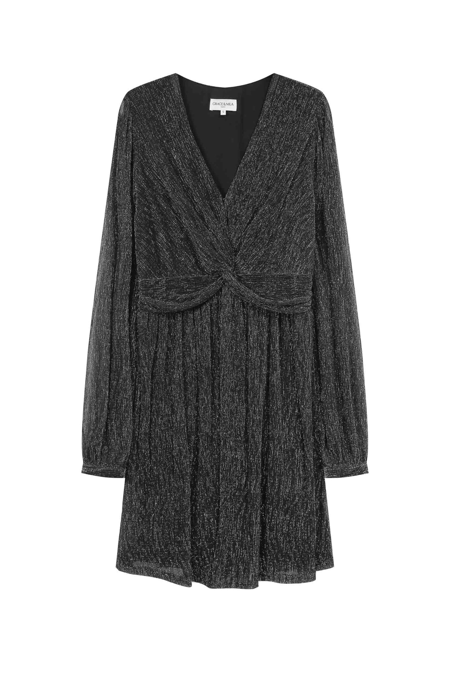 Vue de face de la robe courte Tina argent, tissu scintillant et coupe evasee.