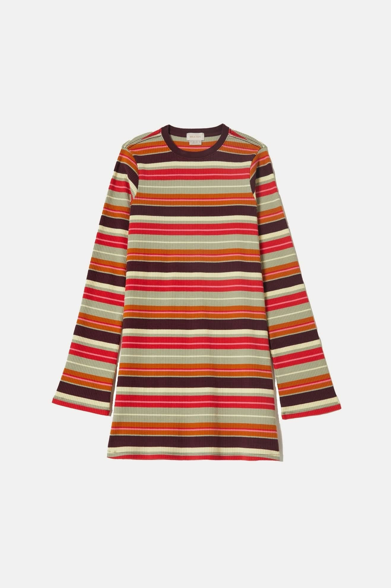 Robe pull rayee multicolore manches longues presentee a plat sur fond blanc