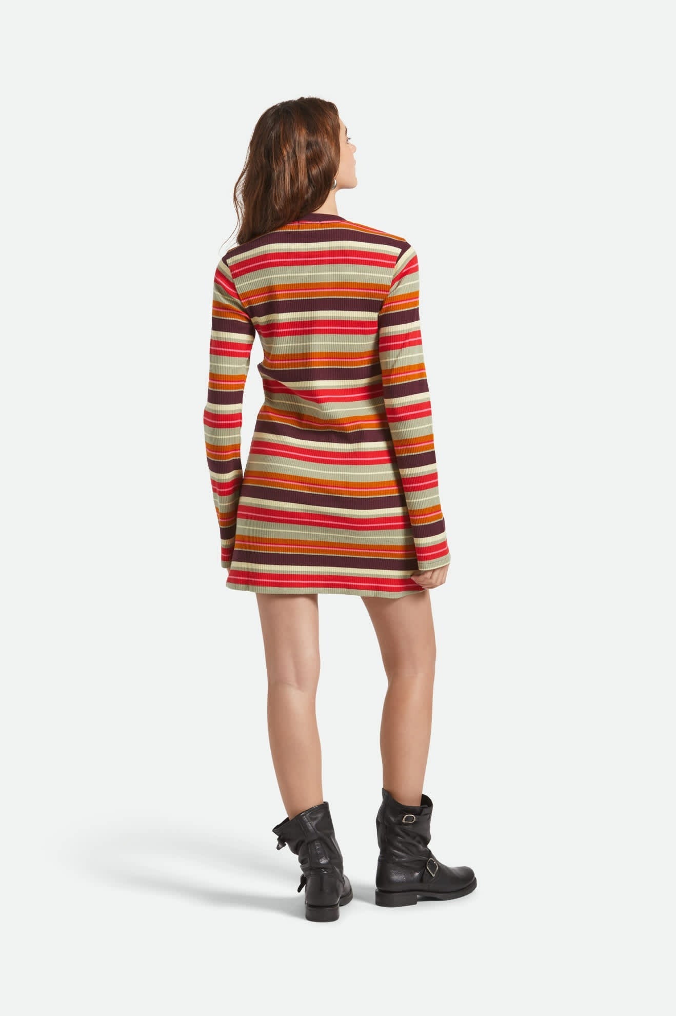 Vue de dos de la robe pull rayee multicolore manches longues, coupe ajustee mi-cuisse