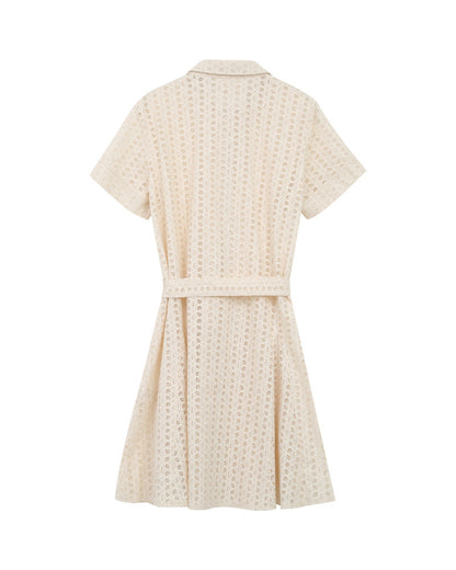 Romane Beige - Robe courte écrue dentelle col chemise ceinturée