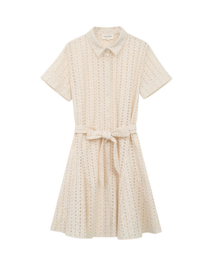 Romane Beige - Robe courte écrue dentelle col chemise ceinturée
