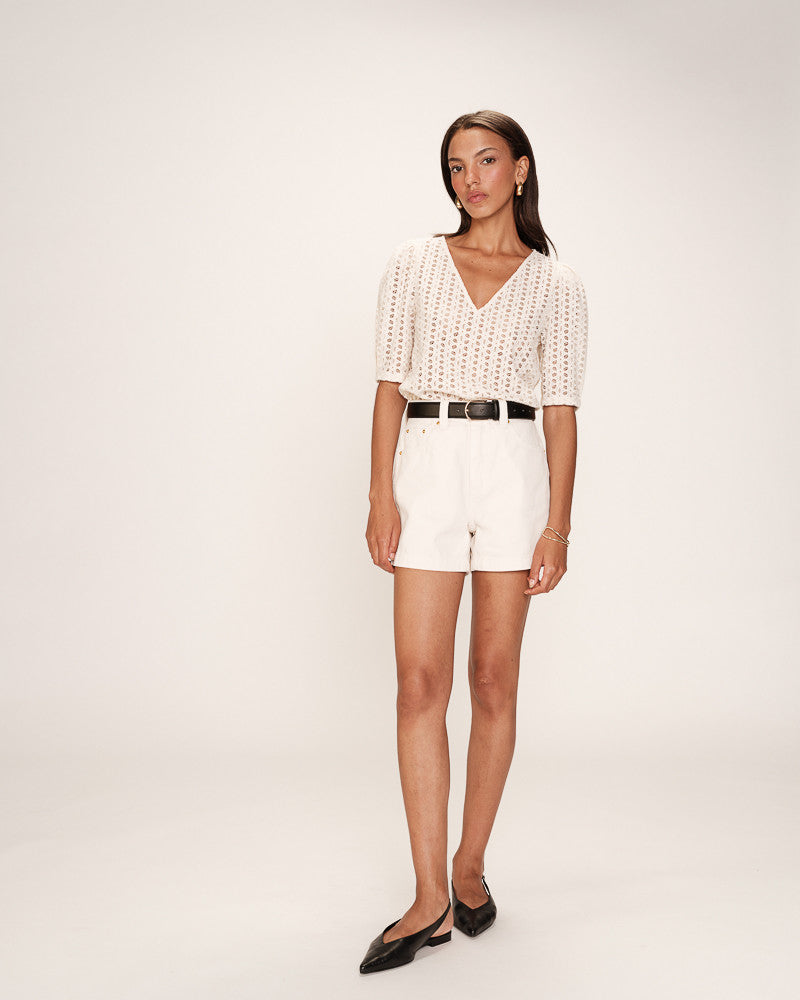 Romeo Blouse Beige à manches courtes en broderie anglaise