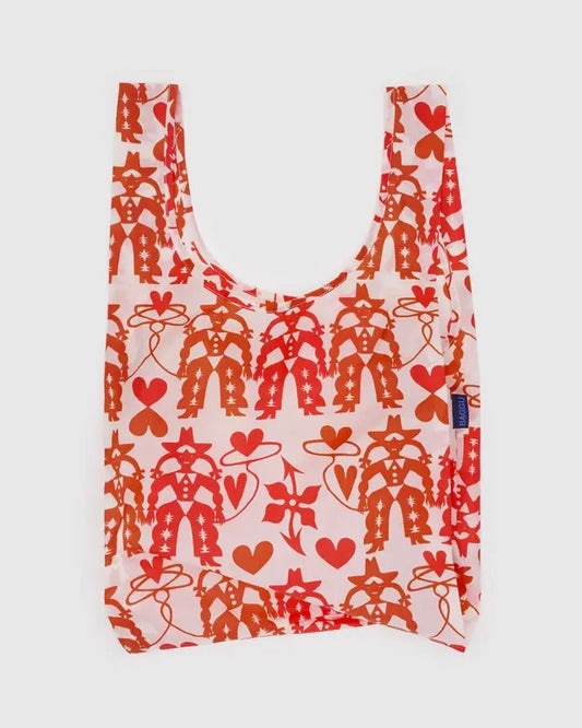 Sac réutilisable Baggu Standard motif Cowgirl – vue de face dépliée, motifs rouges et roses
