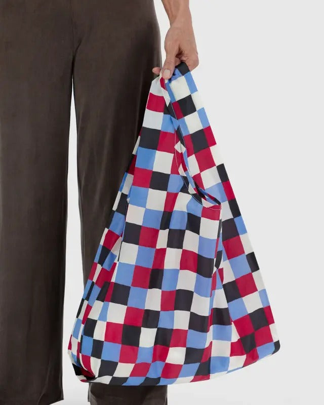 Sac Baggu porté à la main, imprimé damier rouge, bleu, noir et blanc