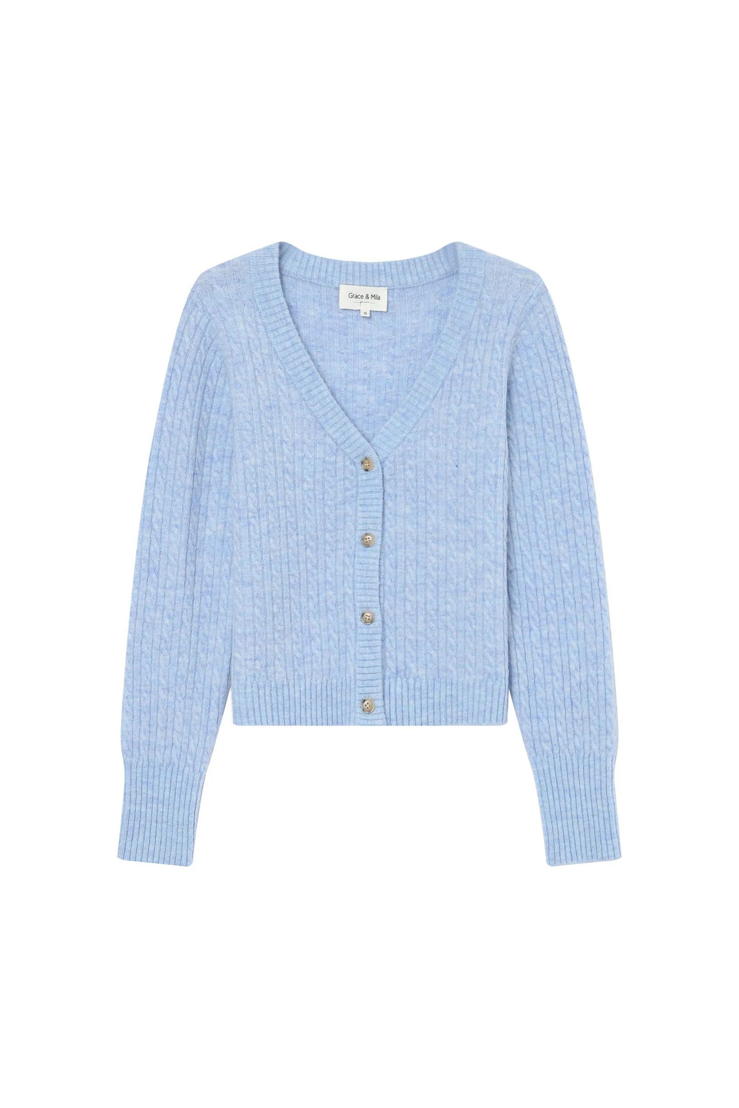 Vue avant du gilet Samso bleuet boutonné avec encolure en V

