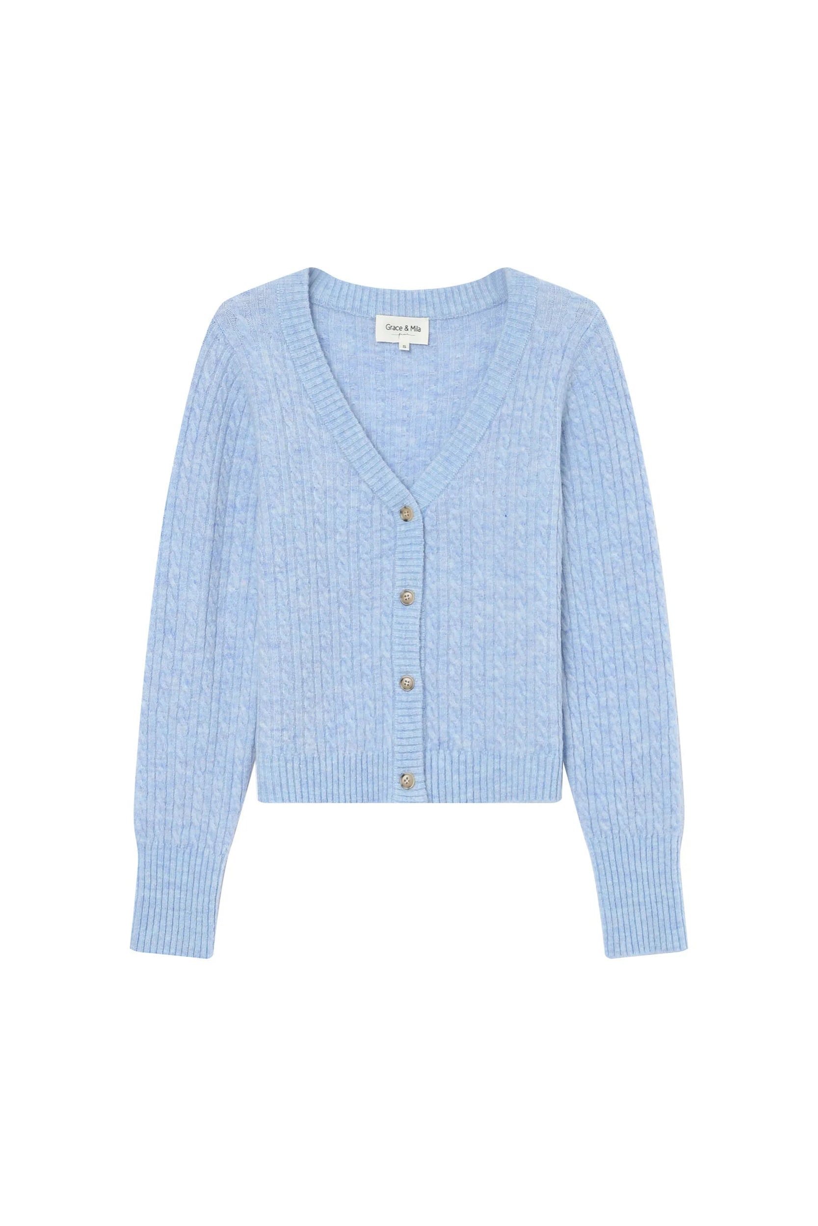 Vue avant du gilet Samso bleuet boutonné avec encolure en V

