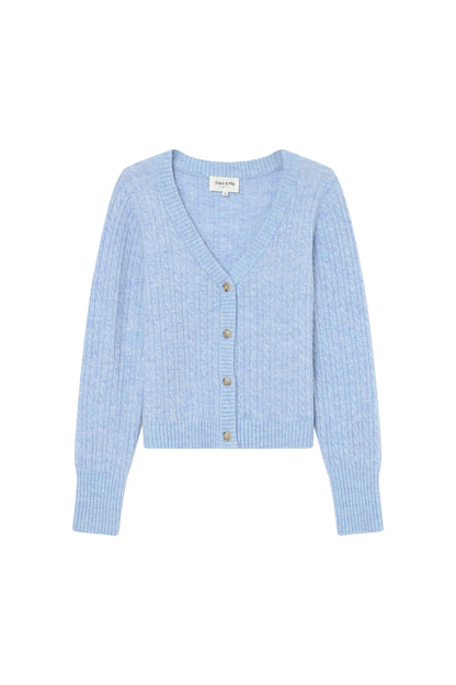 Vue avant du gilet Samso bleuet boutonné avec encolure en V

