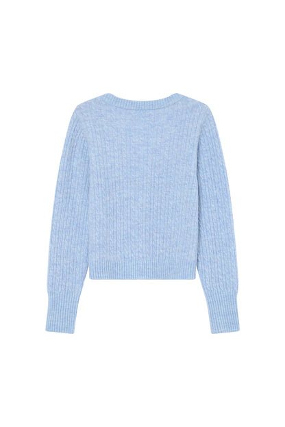 Vue arrière du gilet Samso bleuet à tricot torsadé coupe ajustée