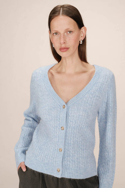 Gros plan du gilet Samso bleuet boutonné à encolure en V

