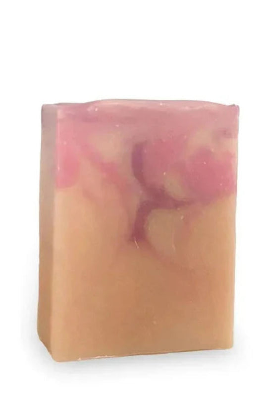 Savon artisanal Pêches & Cerises vu de face • Marbrure rose et pêche • Fait main au Québec