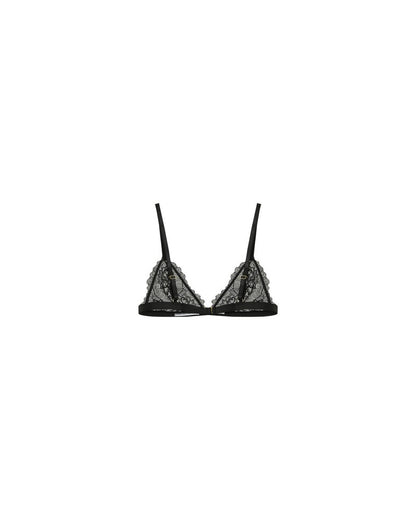 Soutien-gorge triangle noir posé à plat – Détail dentelle et structure