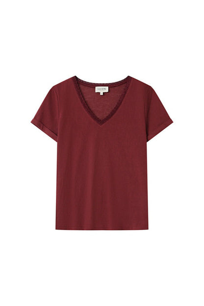 T-shirt bordeaux col V à plat, bordure lurex