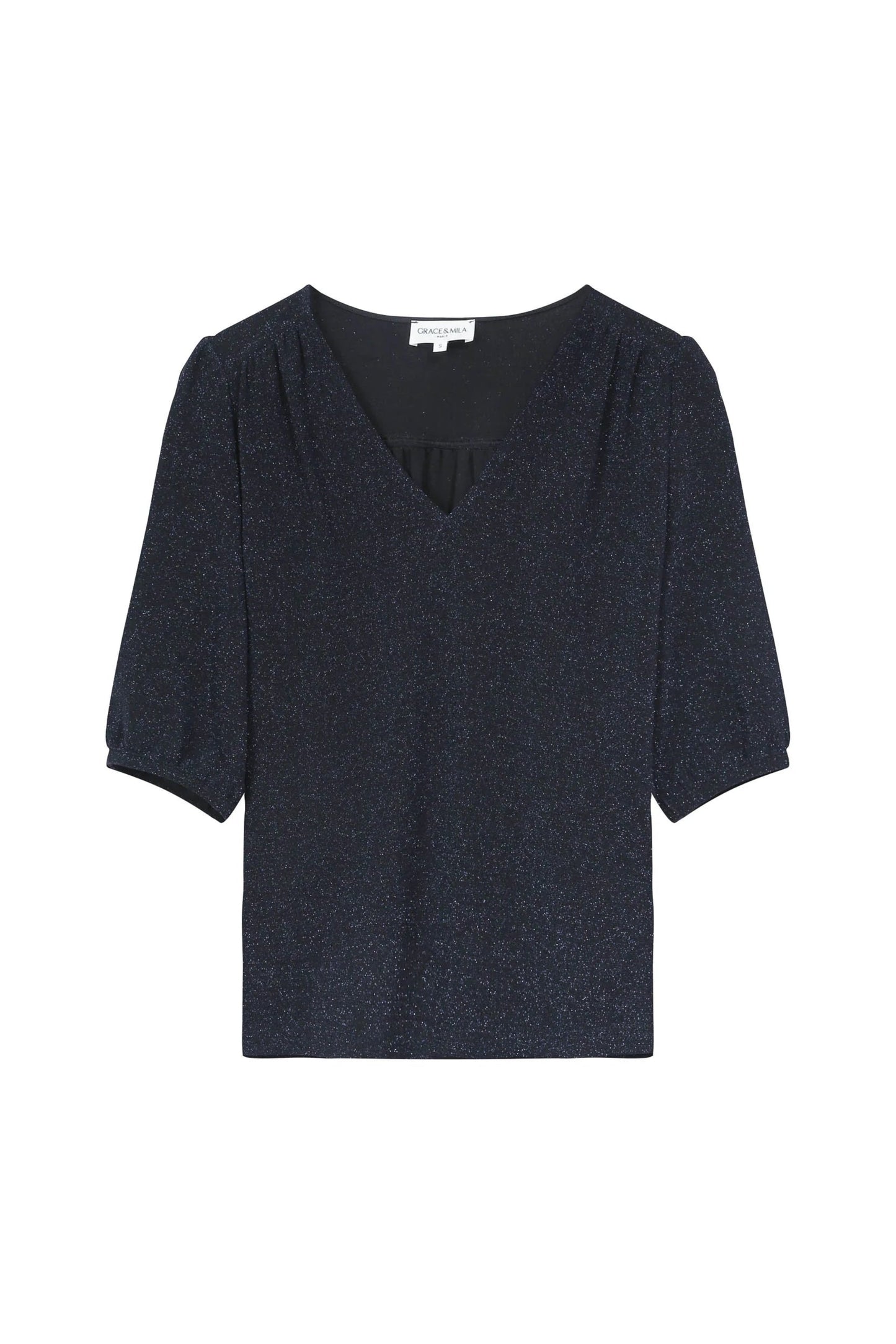 Blouse bleu marine à manches 3/4 vue face – tissu légèrement scintillant